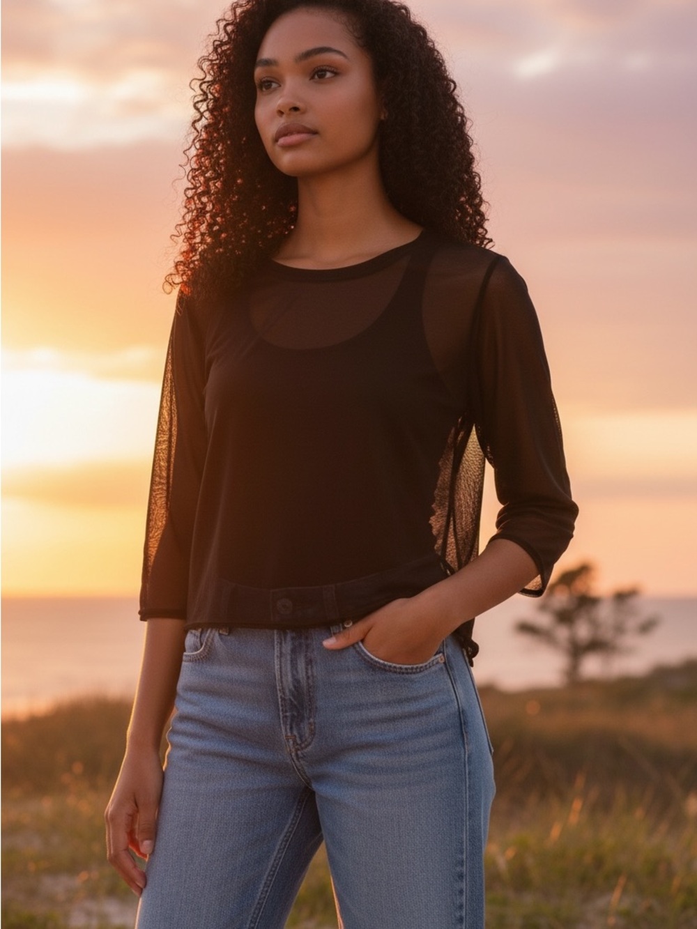 H by Halston Black Sheer crinkle Flowy 3/4 Sleeve Top